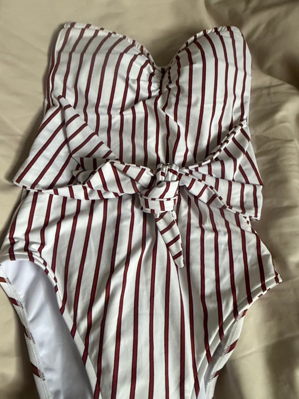 WeWoreWhat Strapless One-Piece Swimsuit in White and Burgundy Stripes